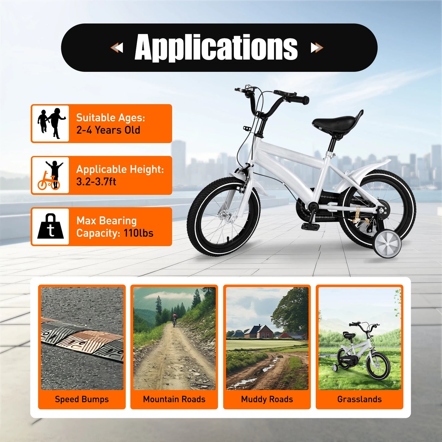 14" Children's Bicycle White/Red/Blue/Yellow Stabilized Child Training Bike with Handbrake Removable Wheels for Kids 3-6 Years