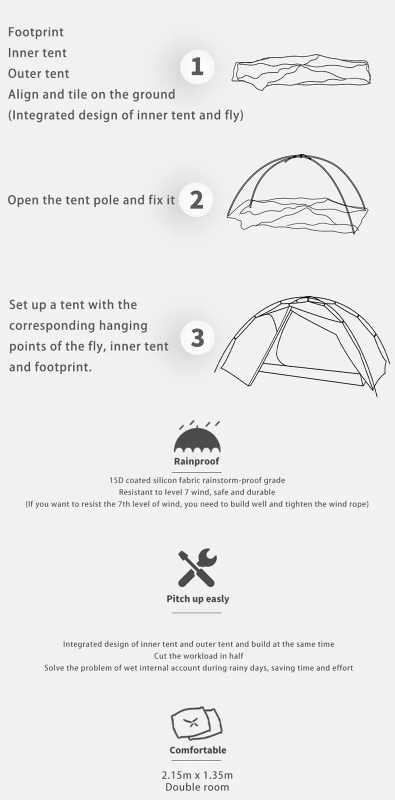 FLAME'S CREED TAIJI 2 15D Nylon Camping Ultralight Tent Outdoor 2 Persons 3/4 Season  Double Layer Camping  Hiking Tents