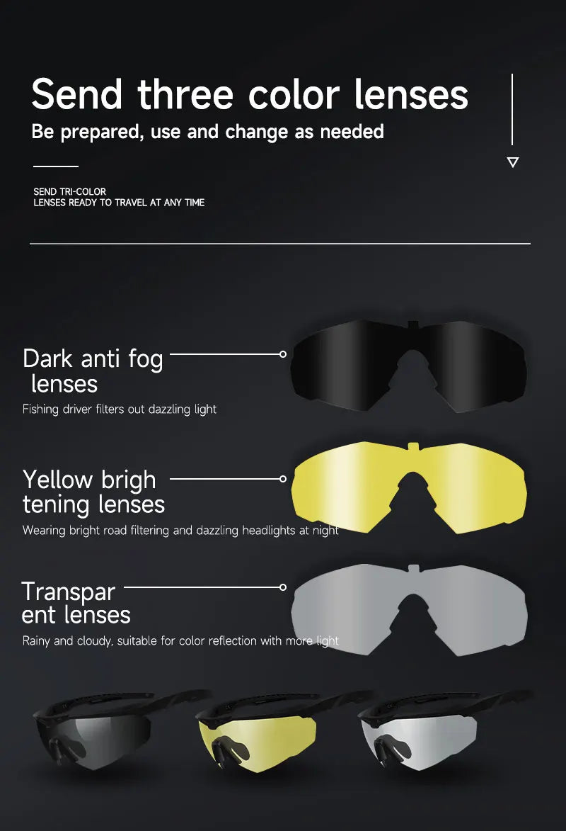 3 Lens Tactical Shooting Glasses 2.5mm Impact-Resistant Military Tactical Glasses Anti-Fog Windproof Cycling Goggles Antiparras