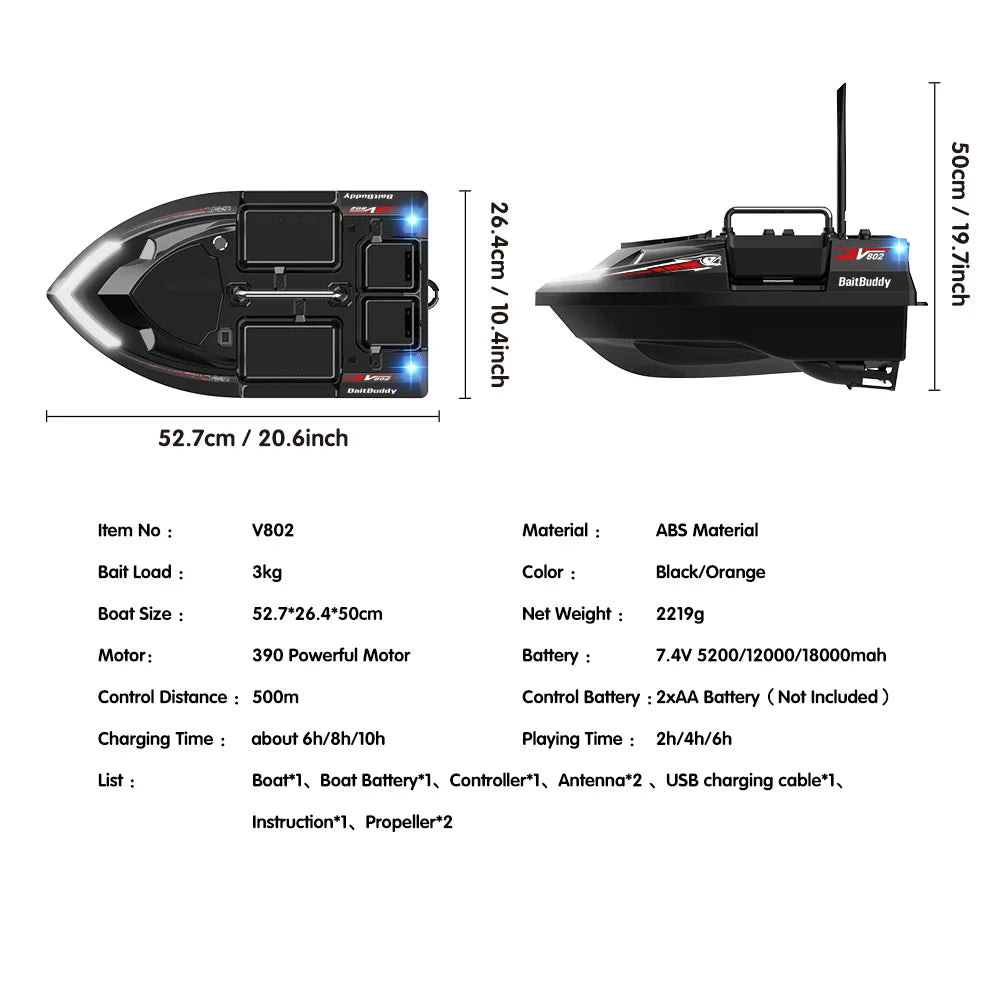 MBLN Bait Boat with 4 Independent Hoppers,Dual Antennas for 500m Range, Dual Power Supply, Front & Rear Lights for Night Fishing