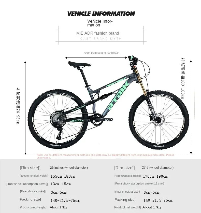 26 inch soft tail mountain bike  air pressure shock absorption outdoor bicycle 11-speed MTB oil brake downhill off-road racing