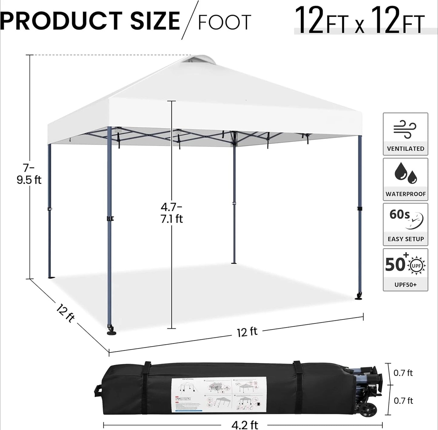 12x12 Pop-up Canopy Tent w/ 2 Integrated Wheels for Mobility, Waterpoof & Heavy Duty, Instant Sun Shelter with Carry Bag