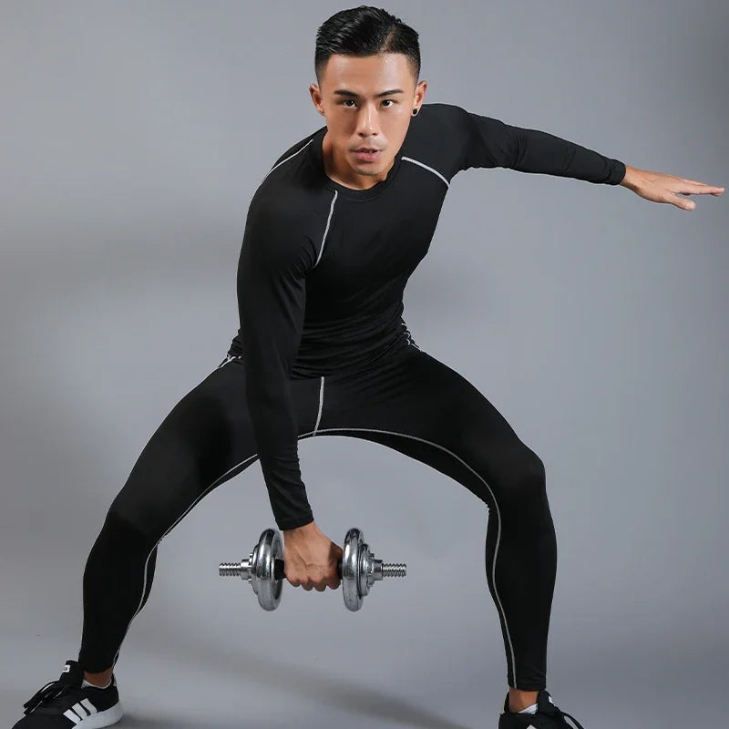 Mens Compression Set Running Tights Workout Fitness Jogging Training Clothes Tracksuit Men Long Sleeve Shirt Sport Suit 725+726