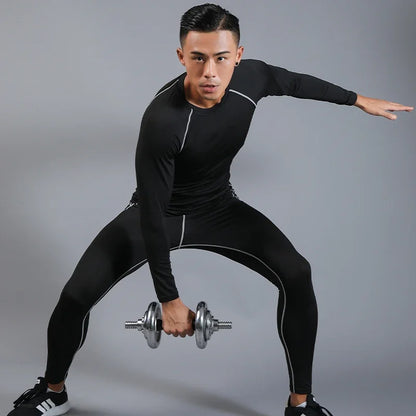 Mens Compression Set Running Tights Workout Fitness Jogging Training Clothes Tracksuit Men Long Sleeve Shirt Sport Suit 725+726
