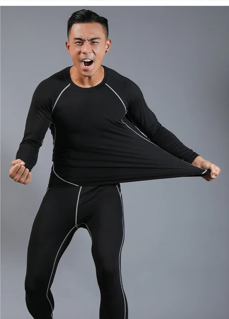 Mens Compression Set Running Tights Workout Fitness Jogging Training Clothes Tracksuit Men Long Sleeve Shirt Sport Suit 725+726