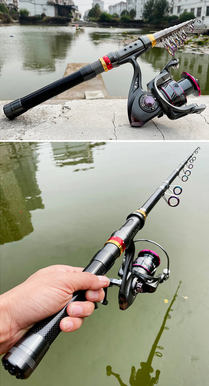 1.8-3.6m Carbon Fiber Fishing Rod And Reel Combo Super Hard Telescopic Fishing Pole Spinning Reel Kit Max Resistance 3-8kg Pesca