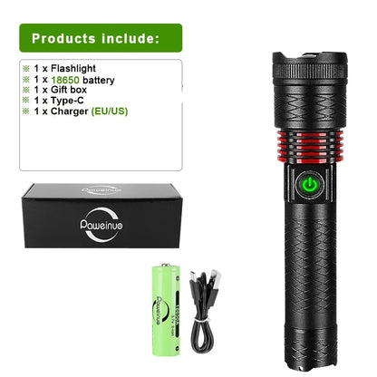 10000mAh High Power LED Flashlights Type-C Rechargeable LED Torch  5000M Ultra Powerful Flashlight Outdoor Tactical Lantern