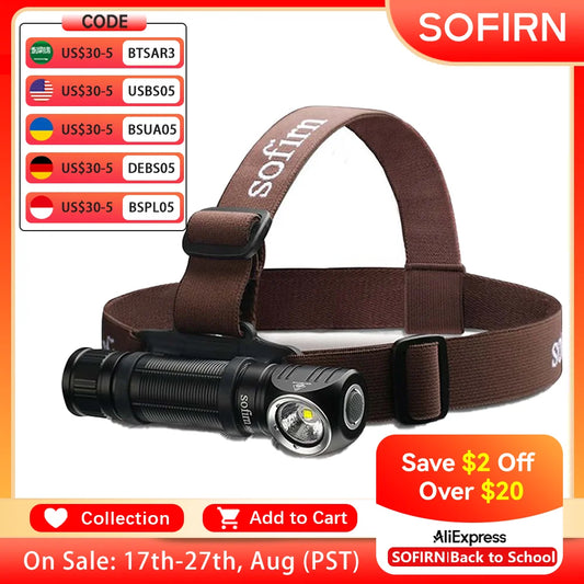 Sofirn Headlamp HS40 USB C Rechargeable 18650 Super Bright SST40 LED Torch 2000lm Flashlight with 2 Modes Power Indicator