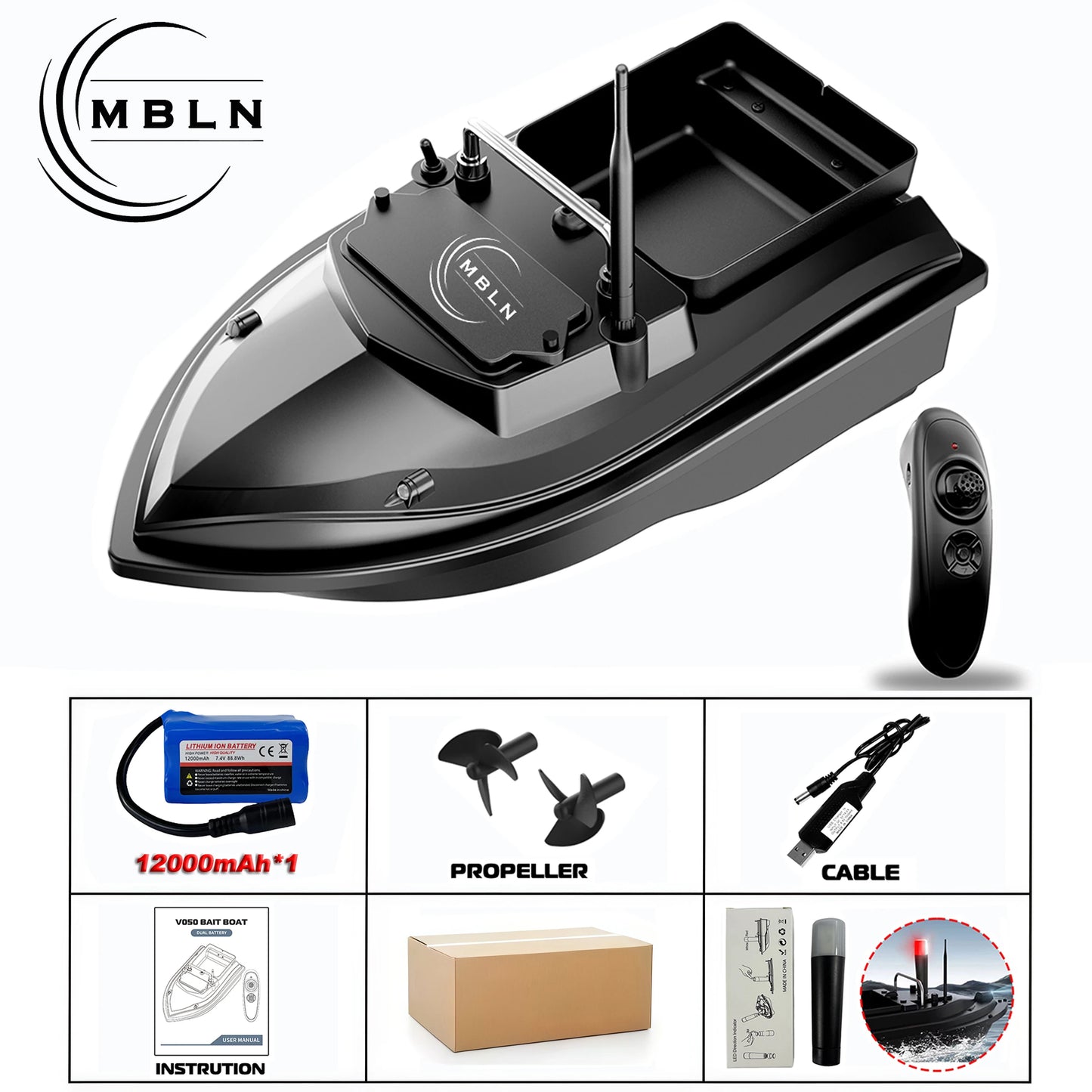 MBLN Brand,RC Carp Fishing Bait Boat,Double Bait Hopper,2kg Bait Capacity, 300m Remote Control Range,Low Battery Warning