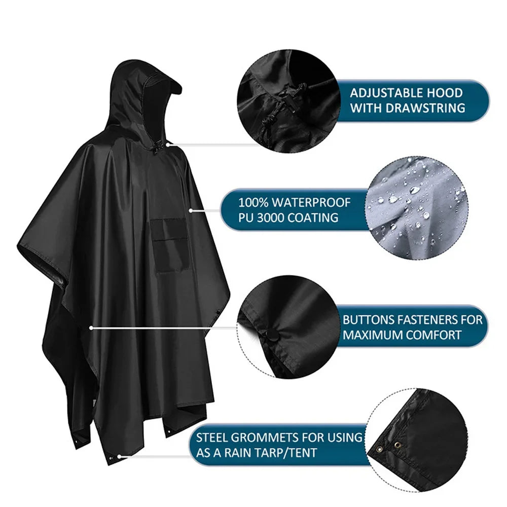 Outdoor 3in1 Hooded Waterproof Military Raincoat Poncho Motorcycle Camping Hiking Travel Rain Cover Tent