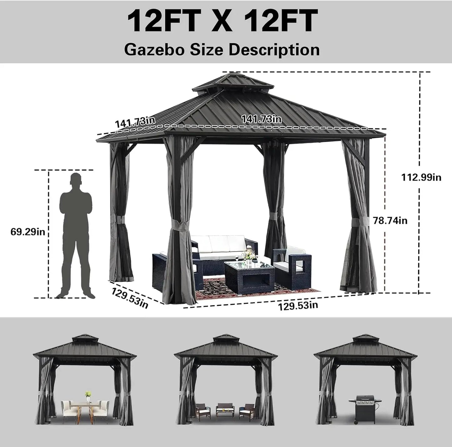 12 * 12FT Patic Gazebo with Steel Canopy,Outdoor Permanent Hardtop Gazebo Canopy for Patio, Garden, Backyard (12X12FT)