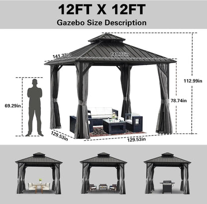 12 * 12FT Patic Gazebo with Steel Canopy,Outdoor Permanent Hardtop Gazebo Canopy for Patio, Garden, Backyard (12X12FT)