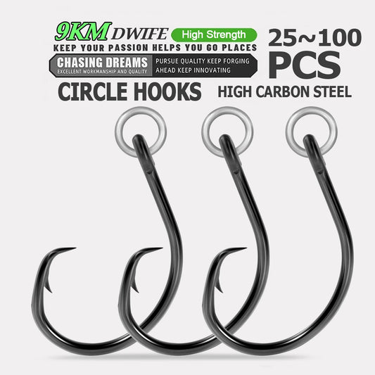 9KM Circle Hooks Fishing with Ringed Eye Saltwater Catfish Hooks Heavy 25~100Pcs for Live or Chunk Bait