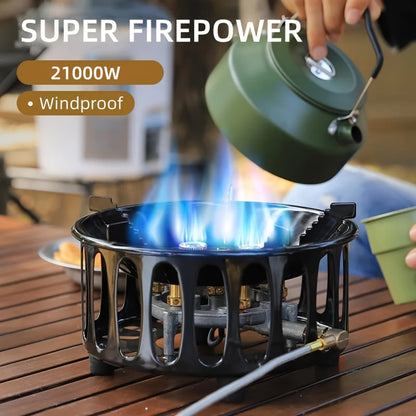 21000W 7-Core Camping Stove High-Power Strong Fire Windproof Electronic Ignition Tourist Gas Stove Burner for Cooking Picnics