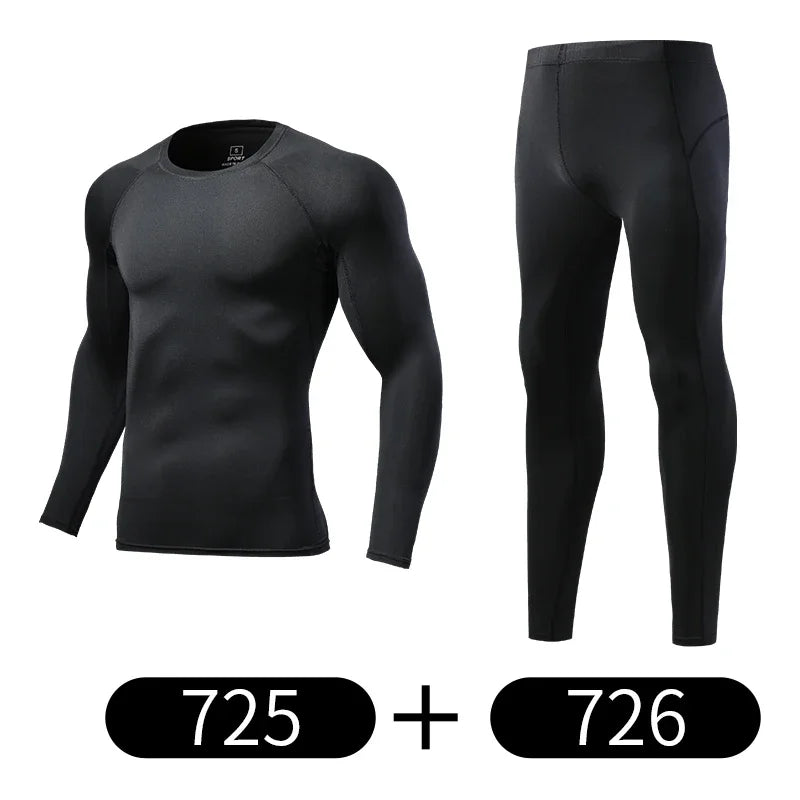 Mens Compression Set Running Tights Workout Fitness Jogging Training Clothes Tracksuit Men Long Sleeve Shirt Sport Suit 725+726