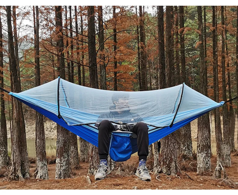 260*140cm Automatic Quick-opening Mosquito Net Hammock Outdoor Camping Bed Pole Anti-rollover Nylon Hammock with Mosquito Net