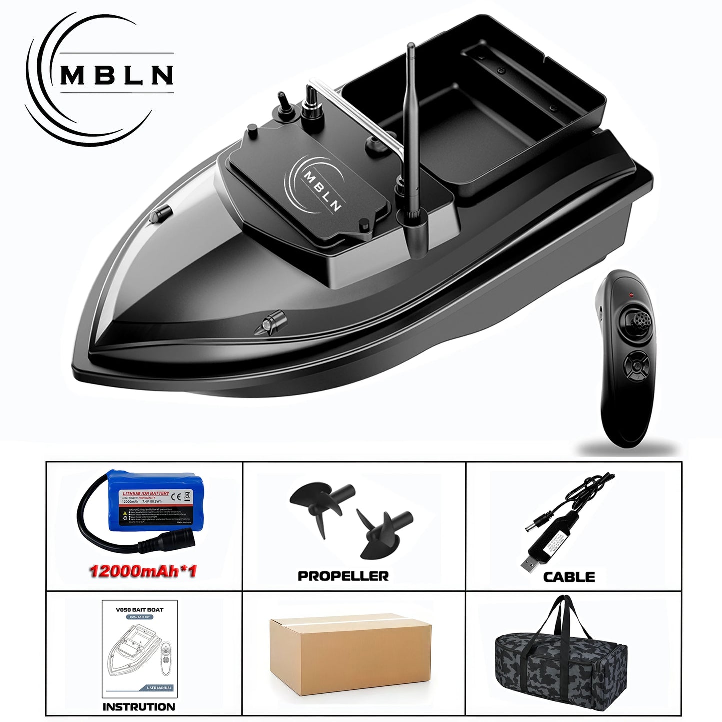 MBLN Brand,RC Carp Fishing Bait Boat,Double Bait Hopper,2kg Bait Capacity, 300m Remote Control Range,Low Battery Warning