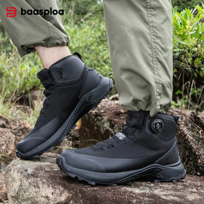 Baasploa Men Outdoor Sneakers Anti Splash Water Rotating Button Hiking Shoes Comfort High-Top Trekking Walking Shoes Non-Slip