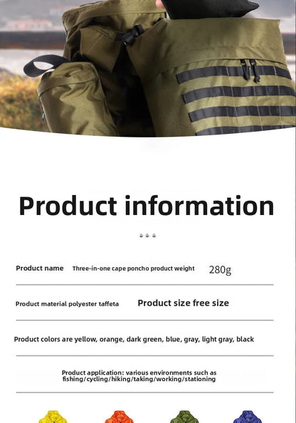 3-in-1 outdoor raincoat Hooded sleeve waterproof poncho Camping hiking Raincoat tent motorcycle rain cover