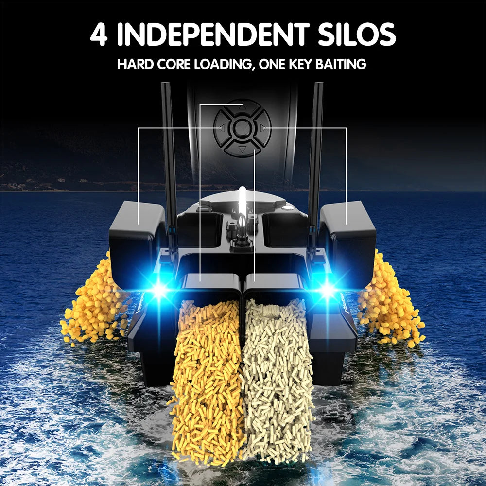 MBLN Bait Boat with 4 Independent Hoppers,Dual Antennas for 500m Range, Dual Power Supply, Front & Rear Lights for Night Fishing