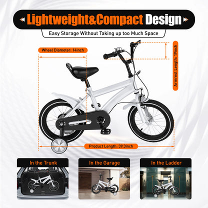 14" Children's Bicycle White/Red/Blue/Yellow Stabilized Child Training Bike with Handbrake Removable Wheels for Kids 3-6 Years