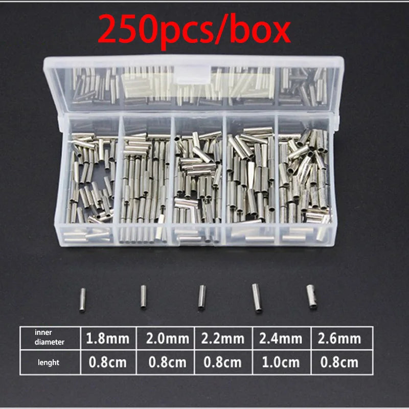 250-500pcs/Box Single/Double Barrel Crimping Sleeves Fishing Line Wire Leader Round Copper Tube Connectors Mixed Copper Tubes
