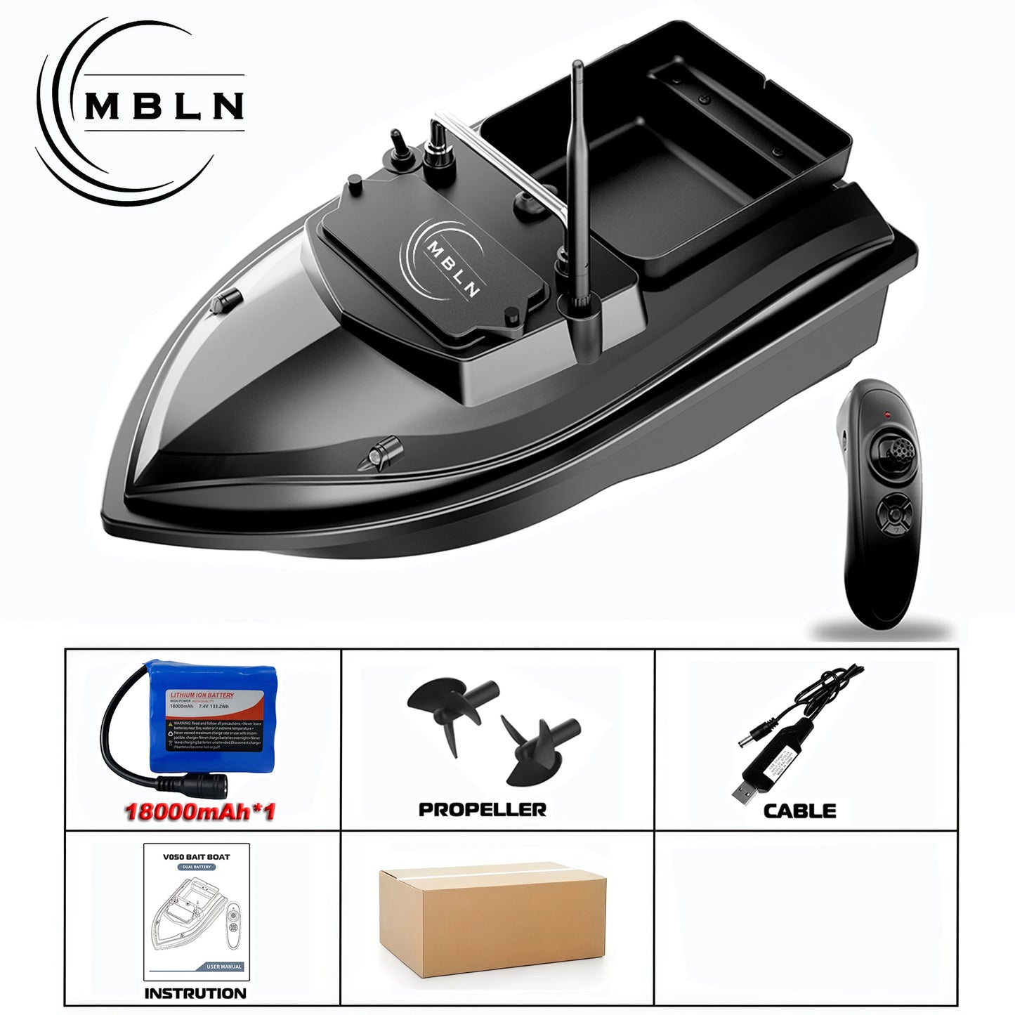 MBLN Brand,RC Carp Fishing Bait Boat,Double Bait Hopper,2kg Bait Capacity, 300m Remote Control Range,Low Battery Warning