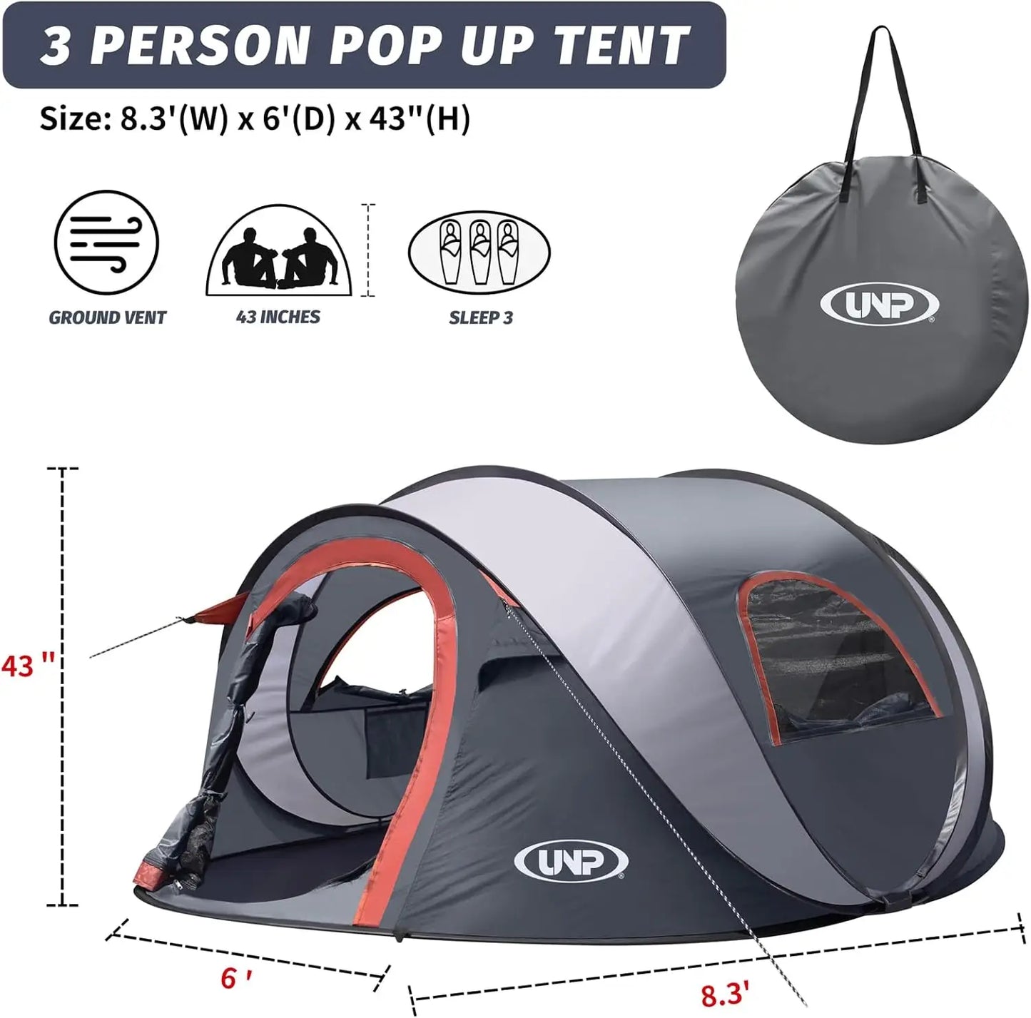 Pop-up Tent, 3 Person Camping Tent, Instant Portable Beach Tent, Easy Pop Up Shade Tents 2 Doors for Camping Hiking