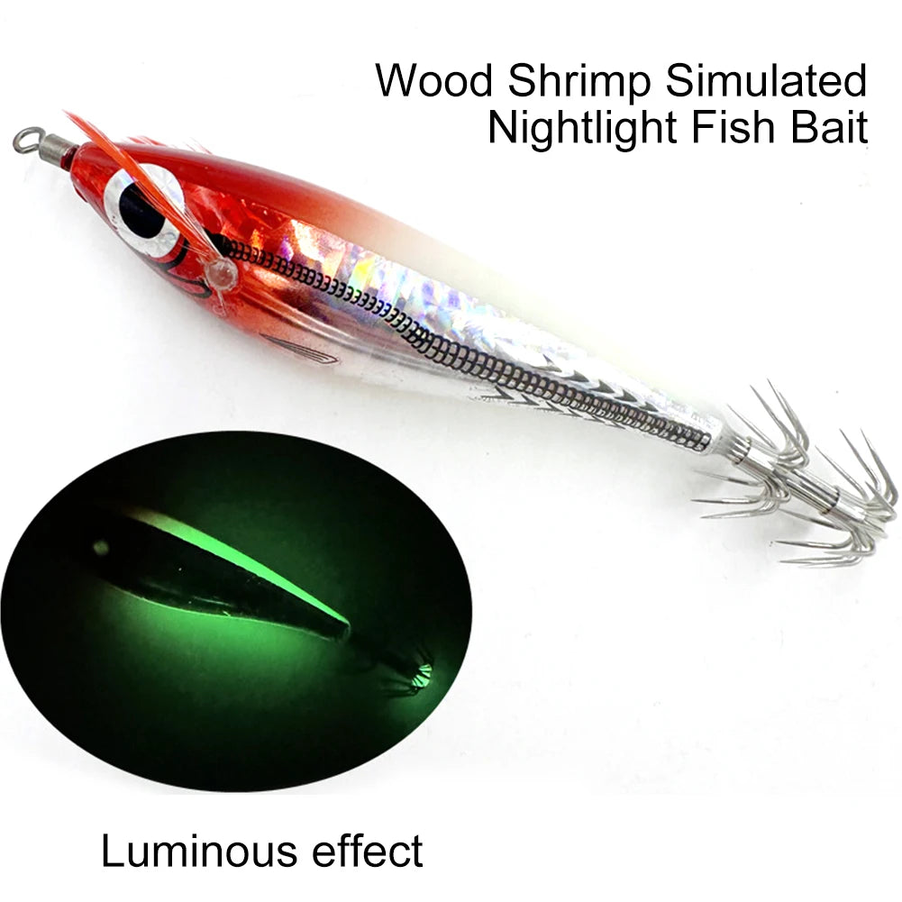 1/5PCS Laser Luminous Floating Horizontal Wood Shrimp Egi Lure Squid Jigging Shrimp Hook Octopus Cuttlefish Night Fishing Baits